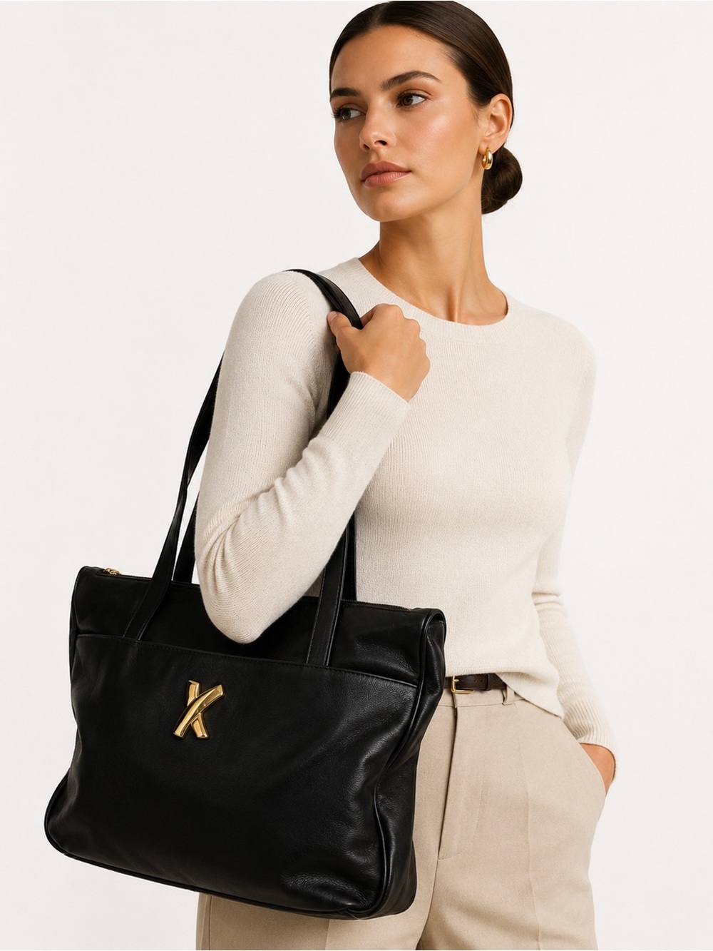 Paloma Picasso Black Italian Leather VTG Shoulder Bag Made Italy Quiet Luxury